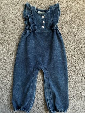 Minymo Baby Denim-Effect lightweight Ruffle Strap Romper - Blue